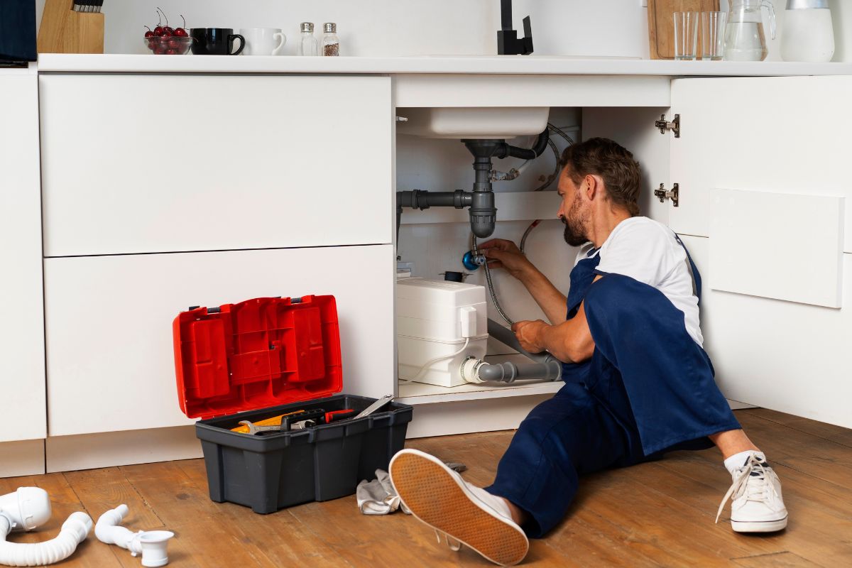 A plumber in blue overalls and a white shirt sits under a sink, working on the plumbing.